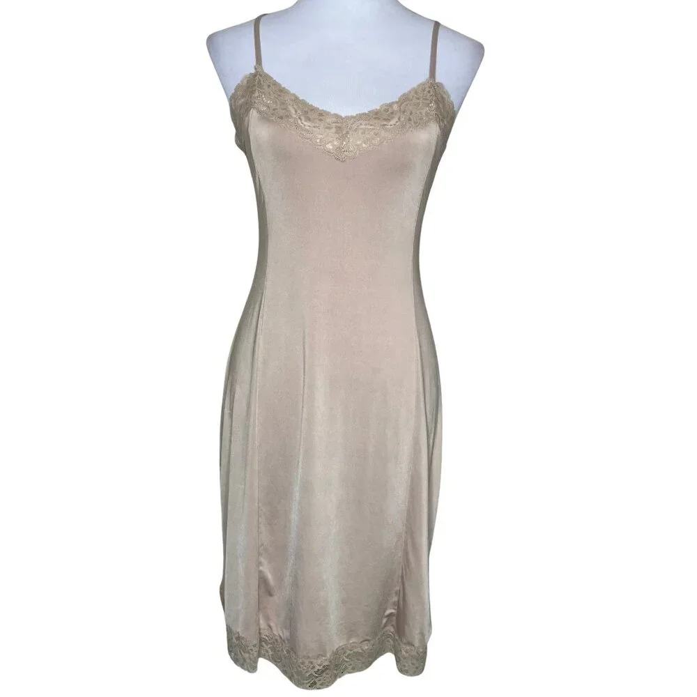 Jones New York Vintage Champagne Satin Lace Trim Slip Dress Medium